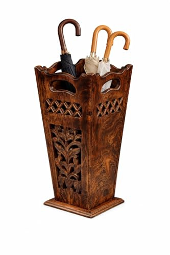 ARTISENIA Antique Wooden Umbrella Stand & Walking Cane Holder for Home, Office & Entryway | Hand-Carved Solid Wood Umbrella & Cane Storage Rack | Size 21.5 x 8 x 8 in, Base 7.5 x 7.5 inches