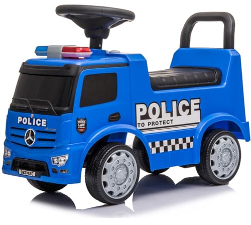 Tachan Mercedes polis lastbil racerbil, med ljud och musik, låda under sätet för att spara saker, gummidäck, Anti-Drop System, upp till 25 kg, Blå, 711T00647