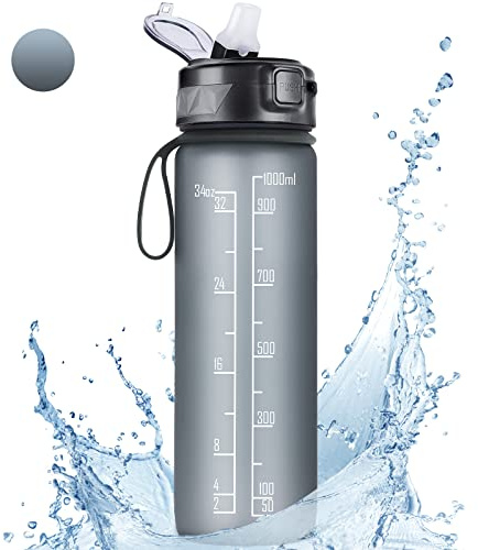 FULDENT Sports Water Bottle 1L, Leakproof Design Water Bottle with Time Marker, BPA Free Tritan Plastic Drinking Bottle for Teenager, Adult, Sports, Gym, Fitness, Cycling, School & Office