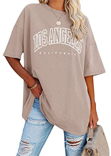 Tomwell Damen Los Angeles Brief T-Shirt Kurzarm Sport Sommer Rundhals Oversize Oberteile mit Buchstaben Druck Lose Bluse Vintage Tunika Lang für Teen Girls Top C Khaki XL