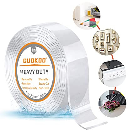 Guokoo Nano Double Sided Tape Heavy Duty - Transparent Reusable Nano Adhesive Tape, Washable Traceless Strong Gel Tape, Wall Sticky Strips for Carpet Fixing, Photos Posters. (2CM * 2MM * 1Metre)