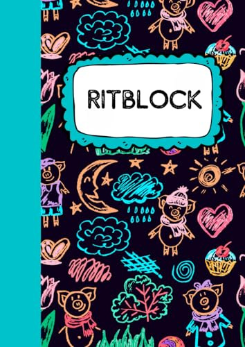 RITBLOCK: Stort ritbok för barn | 100 vita ark att rita på | A4-format | Blått omslag med gulliga mönster.