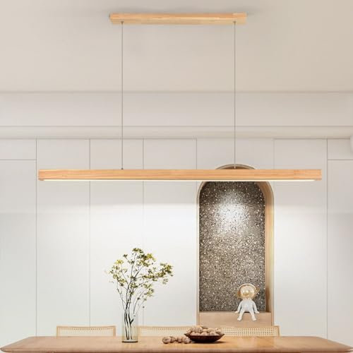 LED Pendelleuchte Holz Esstisch Esszimmer Lampe Dimmbare Moderne Linear Design Hängeleuchte mit Fernbedienung Höhenverstellbar Küchen Hängelampe für Büro Wohnzimmer (A, L100cm)