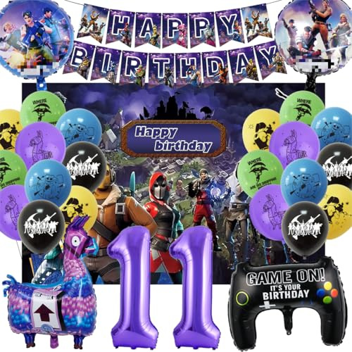 Decoration Anniversaire Jeu Vidéo 11 Ans Garcon, Kit Déco Anniversaire Gaming Gamer 11 Ans, Jeux Video Ballon Helium, fond banderole joyeux anniversaire pour Décorations de Fête à Thème du Jeu Vidéo