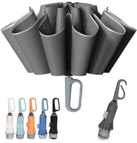 TUMAAOTU Compact Inverted Umbrella with Never Forget Carabiner Handle - Travel Umbrella Windproof Strong, Reverse Umbrellas for wind rain, Auto Open Close, 10 Rib Durable Frame for Women Men (Grey)