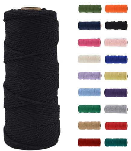 MORAINJAY 2mm Hilo de Macramé 100% Algodón,100m Negro Cuerda para Manualidades,19 Colores Más,Cordón para DIY,Decoración y Regalos