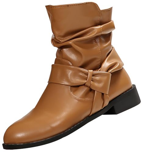 OBiQuzz Stivaletti occidentali da donna in ecopelle, eleganti stivali da donna in pelle, con chiusura lampo, stivaletti da equitazione, stivali corti, marrone, 37