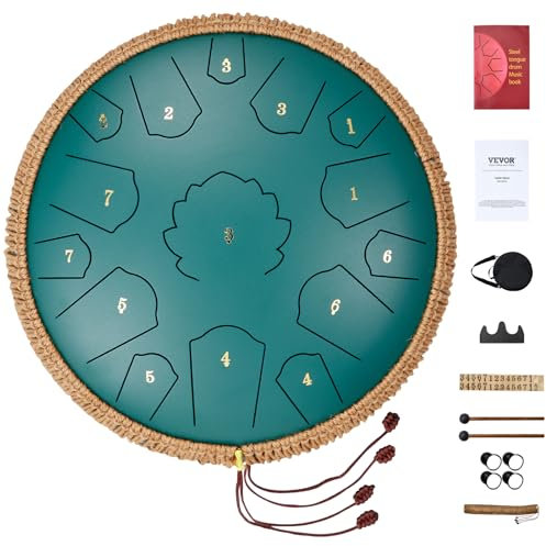 VEVOR Zungentrommel 356 mm, Steel Tongue Drum 15 Noten, Regentrommel, D-Dur-Tonart, Regenglockenspiel mit 2 Schlägeln & Tragetasche, Handpan-Trommel, Schlaginstrument für Musikunterricht & Yoga, Grün