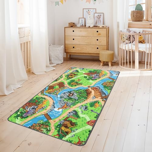 Primaflor Spielteppich Dino – 95x133 cm | Straßenteppich mit Dinosaurier | Made in EU | Kinderteppich mit Straßen für Jungen & Mädchen | für Fußbodenheizung | Kurzflor Teppich für Kinderzimmer
