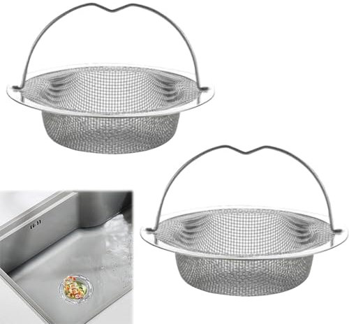 2 Pack Kitchen Sink Strainer, Drain Strainers Stainless Steel Sink for Kitchen Large Sink Sieve with Lift-up Handle Dia 7.5cm Anti Clogging Drain Strainer Sink Food Catcher Basket Outer Rim 11cm