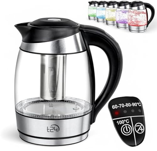 Glas Wasserkocher mit mit Teesieb 1,8 Liter | 2in1 Wasserkessel + Teekanne | LED Beleuchtung-Farbe je nach Temperaturwahl 60-70-80-90-100°C | 2200W | Schnell kochend