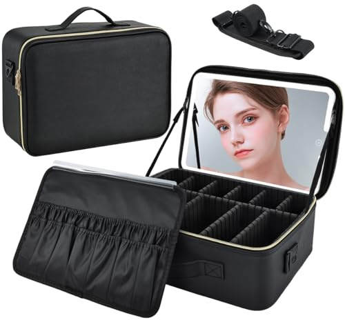 Neceser de Maquillaje Profesional Maletín de Maquillaje Gran Capacidad con Espejo Iluminado 3 Modos Organizador de Cosméticos Ajustable Estuche de Viaje para Mujer, Negro