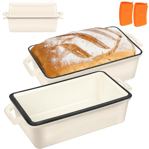 Wildone 2 in 1 Enameled Cast Iron Bread Pan with Lid, 9x5 Loaf Pans for Homemade Sourdough Bread, Cake, Meatloaf, Even Heating Bread Dutch Oven, Cream White