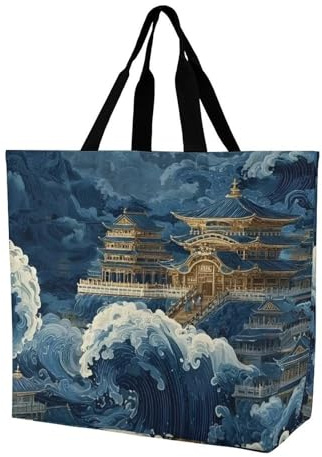 Majestic Chinese Pavilion on Blue Waves Digital Art Large Lightweight & Durable Polyester Shoulder Bag for Women