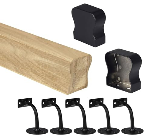 Oak HR Wall Mounted Handrail Kit Oak Handrail with End Caps & Wall Brackets - Chrome, Black, Nickel - 1800mm 2400mm 3600mm 4200mm Lengths (Black, 4200mm)
