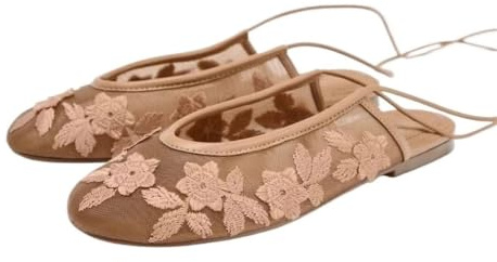 OZLCUA Damnät blommigt broderi fotled wrap slips platta skor rund tå slingback ballerinor sommar snörning