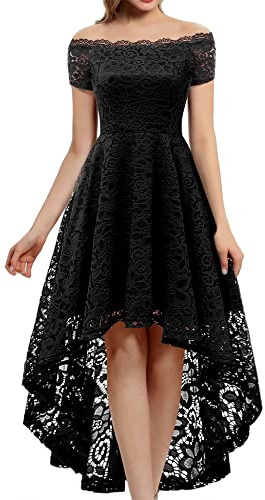 Dressystar Women's Lace Cocktail Dress Hi-Lo Off Shoulder Bridesmaid Swing Formal Party Dress 0042 Black L