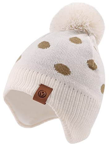 XIAOHAWANG - Berretto Invernale per Bambini con Pompon Cappello Beige DOT 2-4 Anni