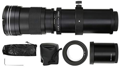 Yunir T2 monteringskameralins, 420-800 mm F8.3-16 manuell fokusering zoomobjektiv superteleobjektiv med 2X-telefonomvandlare, för F-monteringskamera (svart)