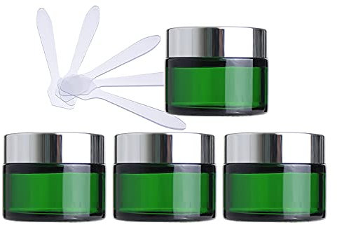 ZEOABSY 4 Stück Leere Grün Glas Cremedose 50ml Mit Silber Schraubdeckel, Grünglas Schraubdose Tiegel Salbentiegel Kosmetik-Dose für Gels Cremes + 4X Spatel