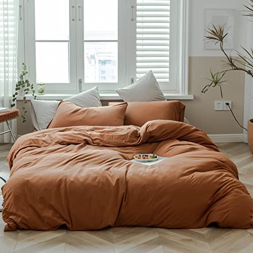DONEUS Juego de funda de edredón de punto jersey, 100 % algodón, súper suave, cómodo, natural, juego de ropa de cama de 3 piezas con cierre de cremallera, color naranja quemado, tamaño Queen