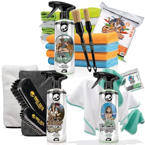 Nuke Guys Nettoyage intérieur de Voiture Bundle Deluxe | Nettoyant Coussins 0,5L + Nettoyant vitres 0,5L + Nettoyant intérieur 0,5L + 8X Chiffon Microfibre + 4X Chiffon gaufré + 2X Gant + Accessoires