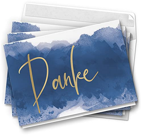 10 Dankeskarten mit Umschlag - Motiv Aquarell Blau - moderne Klappkarten Danksagungen, Danke sagen, bedanken, Dankeschön Karten