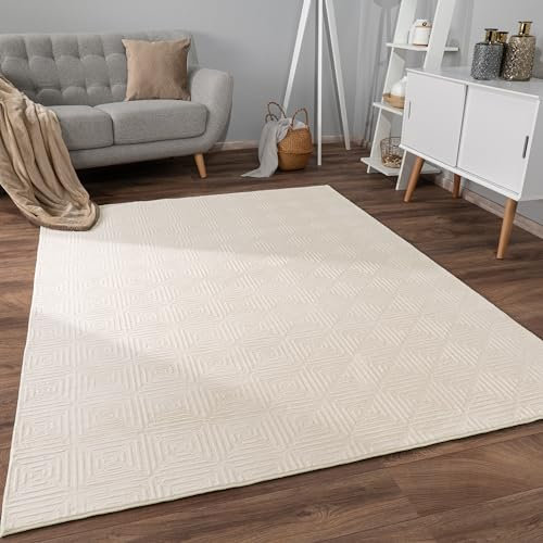 Paco Home Teppich Wohnzimmer Schlafzimmer Kurzflor Skandinavisches Boho Muster Geometrisch Rauten Motiv Einfarbig Weich Modern, Grösse:60x100 cm, Farbe:Creme 3
