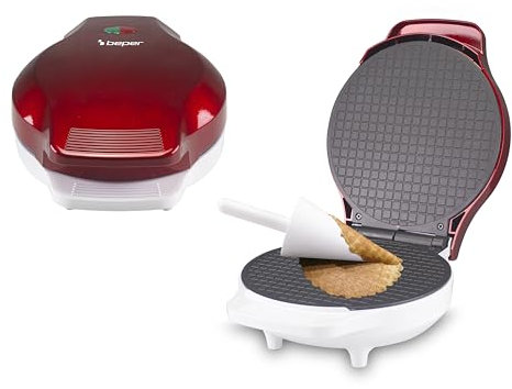 BEPER P101CUD002 Gofrera eléctrica, 1000 W, Gofrera para conos 18 cm, Mango termoaislante, Accesorio para conos incluido, Blanco/Rojo