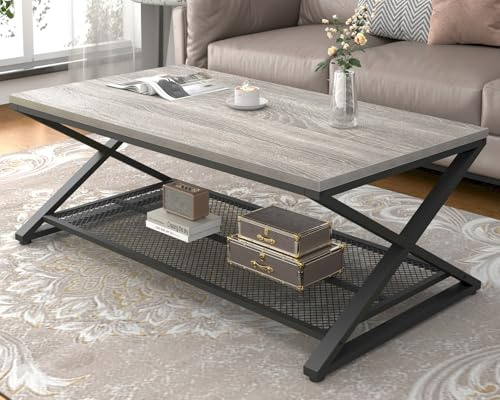 LVB Coffee Table for Living Room Coffee Tables With Storage 120cm Grey | 2 Tier Industrial Wood Metal Center Living Room Shelf, Farmhouse Low Rectangle Cocktail Tea Table for Home Office Bedroom