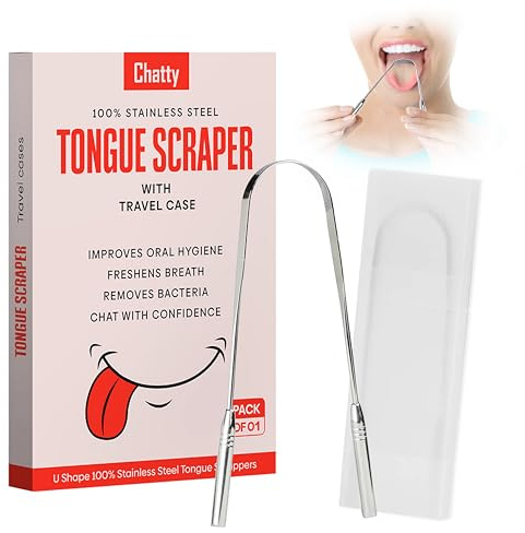 Chatty Raschietto per lingua in acciaio inox di alta qualità con custodia da viaggio (confezione da 1), detergente per lingua in metallo di grado medico, senza BPA, antiruggine, kit essenziale per