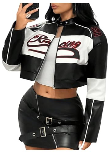 SOLY HUX Women's Faux Leather Zip Up Crop Jackets Graphic Long Sleeve Shirts Motorcycle Outerwear Black and White Medium