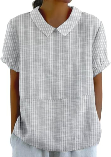 Chemise en coton et lin pour femme, col claudine, manches volantées, confortable, ample, vêtements d'été décontractés et mignons, Z09-gris, XXL