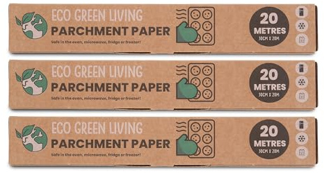 Carta da forno marrone Eco Green Living, larghezza 30 cm. Carta da forno non sbiancata, antiaderente e resistente al grasso, ideale per cuocere al forno e arrostire, Ecologica. Confezione da 3 (60 m).