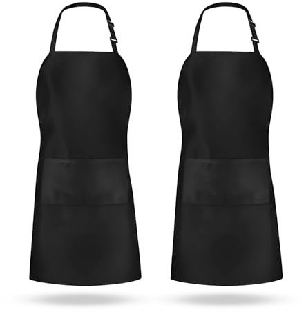 Nevoluxer Delantal Negro de Poliéster - 2 Piezas con 2 Bolsillos, Ajustable y de Secado Rápido. Impermeable y Antimanchas para Cocina, BBQ y Uso Profesional.