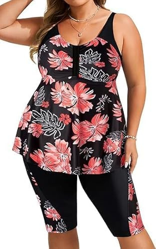 Hanna Nikole Tankini Traje de baño de gran tamaño para mujer Tankini Push Up Set 2 piezas Control del Vientre de cintura alta Traje de baño de verano con pantalones cortos de baño, Flores de naranja