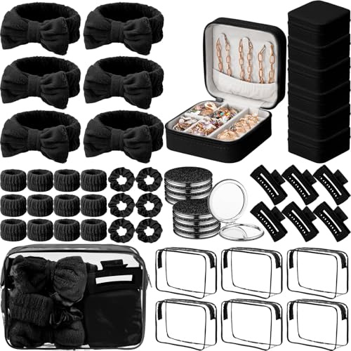 Suncalla 96 Pcs Spa Party Favors Sleepover Party Supplies Bow Headband Wristband Scrunchies Hair Clip Jewelry Case Makeup Bag Mirror for Women Bridesmaid Gifts Graduation Gift (Black)