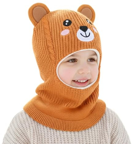 AYPOW Pasamontañas Niños de Invierno, Gorro de Punto Antiviento Térmico con Cálido Forro Polar, Sombreros con Orejas de Oso Bufanda Calentador de Cuello