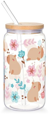 Dermalyx 470ML Bicchiere in Vetro con Coperchio e Cannuccia, Motivo Capibara e Fiori, Bicchiere a Tema Animale per caffè, Latte, Succo, Bicchiere per Frullati, Tazza