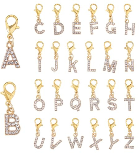 DICOSMETIC 26 Pezzi Ciondoli Lettere con Strass Clip On Ciondoli Lettere Iniziali con Chiusure a Moschettone A-Z Alfabeto per Cerniera, Braccialetto, Collana, Portachiavi, Regalo, Decorazione