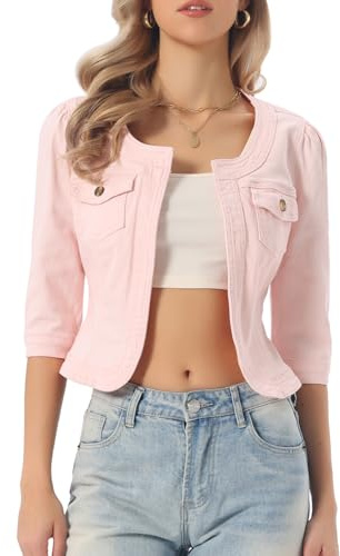 Allegra K Women's Denim Cardigan 3/4 Sleeve Collarless Jean Jackets | 3/4 Sleeve, Round Neck, Patch Pockets, Cropped Length, Open Front, Casual Jean Jacket