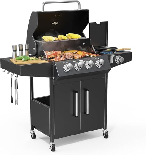 Outopee 4+1 Burner Propane Gas Barbecue Grill with Side Burner, Wheels