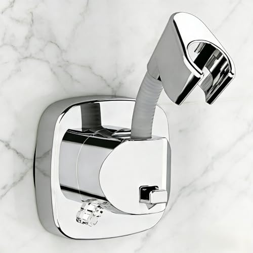 360° Swivel Shower Head Holder with Strong Suction Cup, Adjustable No Drill | Tool-free install in seconds, bathroom wall mount handheld shower bracket, removable, waterproof, 10kg built-in storage hook