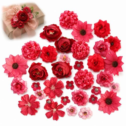 WHJYCC 25PCS Small Artificial Silk Flower Heads - Faux Craft Roses for Wedding Cake Decoration, Bridal Bouquet DIY, Party Flower Wall Panel, Hair Decor, Home Decor & Gift Wrapping (Red Mix)