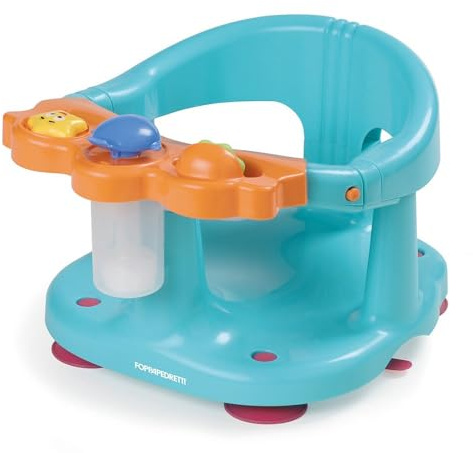Foppapedretti Seggiolino Da Bagno Tuffetto ,30x38.5x24.5 cm, per Bambini fino a 13 Kg, Dotato di davanzalino con giochini e pompetta spruzza acqua, Bracciolo di protezione, Arancio Azzurro