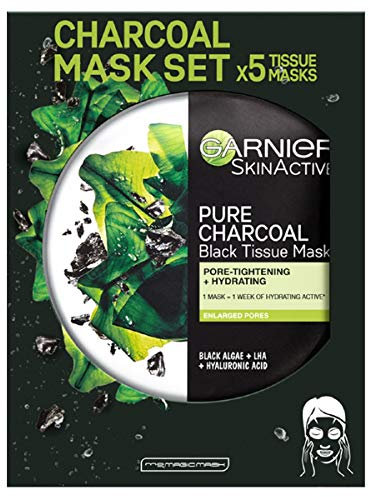 Garnier Charcoal and Algae Purifying Tissue Mask, Hydrating Tissue Face Sheet Mask for Enlarged Pores Pack of 5