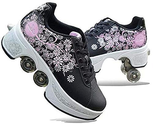 ScificWom Rollschuhe für Damen, Quad Rollschuhe für Kinder, Mädchenschuhe mit Rollen, Unisex-Schuhe mit Rollen, Rollschuhe für Erwachsene, Outdoor-Sport-Skateboards, Black Silver Powder, 36