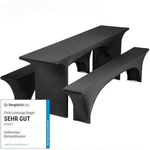 Gräfenstayn® Leopold Stretch - Biertischhussen-Set 3 TLG für Bierzeltgarnitur - 50cm oder 70cm Tischbreite - mit Öko-Tex Siegel Standard 100 : Geprüftes Vertrauen 31188 (Schwarz 50x220cm)