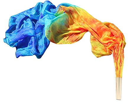 Winged Sirenny Pairs Worship Praise Fan Flag Streamers, Adjustable Colorful Belly Dance Silk Fan Veil 59 (150 cm) (Fire and Ice)