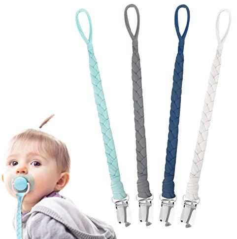 4 Pack Dummy Clip, BPA Free Dummy Clip Boys Cotton Dummy Clips for Baby Braided Pacifier Clips for Newborn Boys Girls Essentials Baby Teething Shower Clips